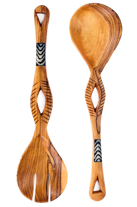 Olive Wood Salad Server Set- Black and White Spotted