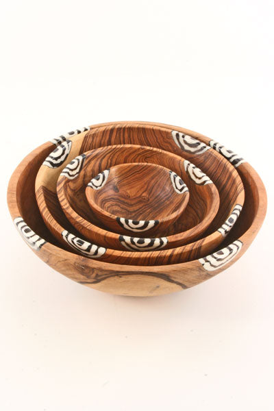 Set of Four Olivewood Bowls with Dyed Bone Inlay