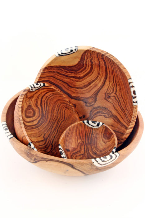 Set of Four Olivewood Bowls with Dyed Bone Inlay