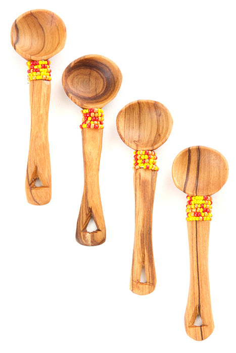 Set of Four Olive Wood Spoons with Orange Beads