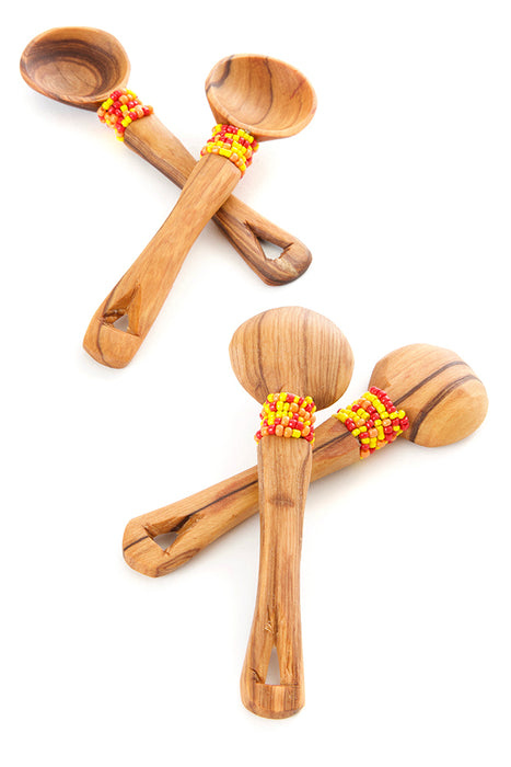 Set of Four Olive Wood Spoons with Orange Beads