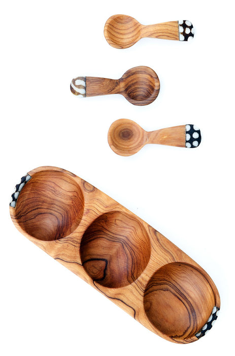 Triple Olive Wood and Batik Bone Spice Bowl with Spoons